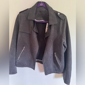 NWT T Tahari Charcoal Gray faux sued moto Jacket size Medium